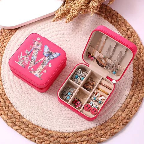 Portable PU Leather Jewelry Box Mini Travel Case With Mirror Alphabet Floral Pattern Zippered Small Jewelry Storage Organizer