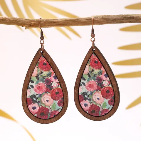 Bohemian Vintage Wooden Water Drop Earrings Ethnic Printed Floral Pattern Dangle Earrings Retro Large Jewelry For Women Vacation Beach Gift