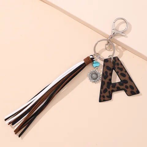 Western Cowboy Style Leopard Print Synthetic Leather Letter Keychain With Tassel Sunflower Charm Turquoise Bead Bag Pendant For Women