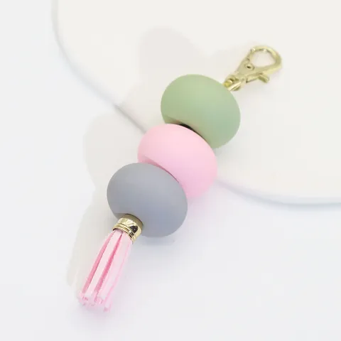 Macaron Color Acrylic Beads Tassel Keychain Pendant For Bags Golden Lobster Clasp Fresh Sweet Style Keyring For Women Girls
