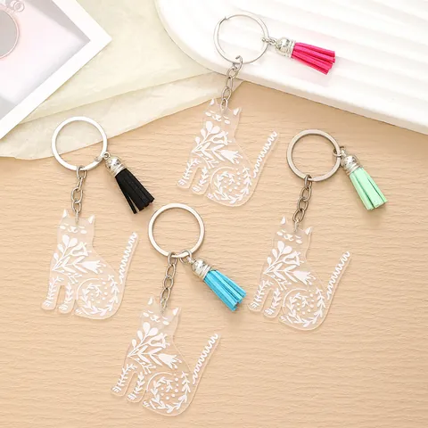 Fresh Transparent Acrylic Cat Shaped Keychain With Colorful Tassel Floral Print Cute Bag Charm Car Pendant For Women Girls Gift