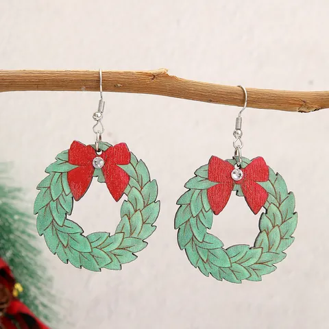 Christmas Wooden Drop Earrings For Women Cute Cartoon Snowman Christmas Tree Printed Rhinestone Dangle Earrings Party Jewelry Gift