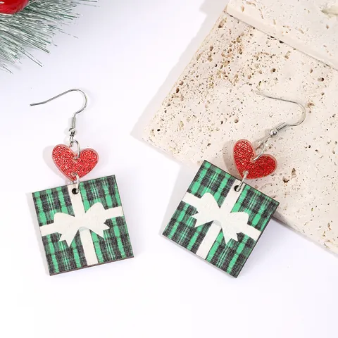 Christmas Wooden Drop Earrings For Women Cute Cartoon Snowman Christmas Tree Printed Rhinestone Dangle Earrings Party Jewelry Gift