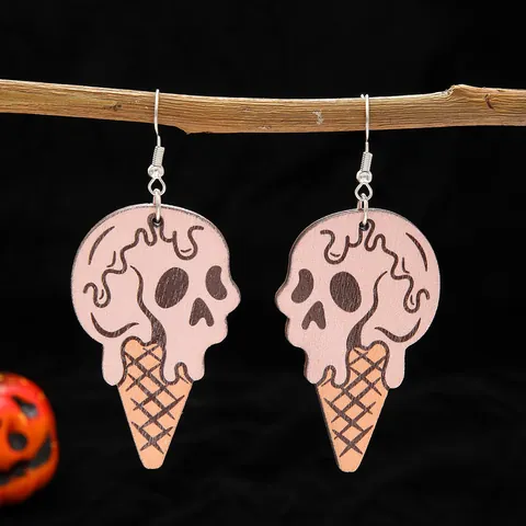 Halloween Wood Drop Earrings for Women Pumpkin Skull Ghost Bat Print Wooden Dangle Earrings Alloy Hook Festive Party Jewelry