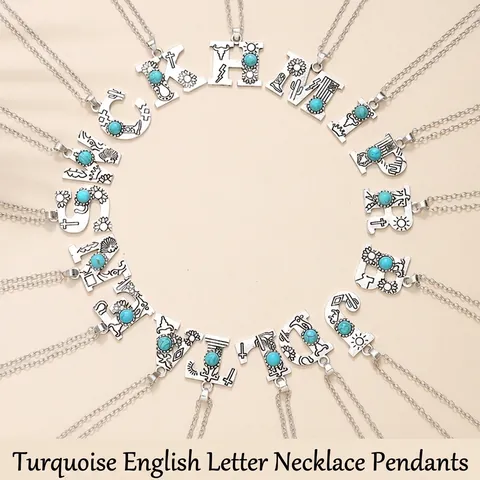 Western Antique Silver Alloy Letter Necklace With Artificial Turquoise Inlay Sunflower Bull Head Pendant Women Jewelry