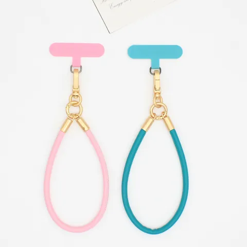 Minimalist PU Leather Phone Lanyard Keychain Multifunctional Hand Wrist Strap with Gold Metal Clasp and Patch for Women