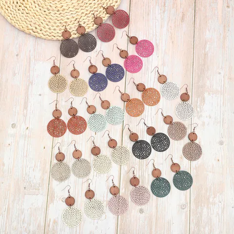 Bohemian Geometric Hollow Out Round Wood Patchwork Artificial Leather Drop Earrings Retro Ethic Style Jewelry For Women