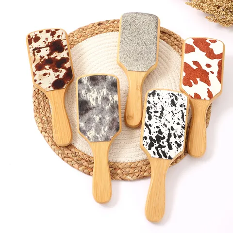 Bamboo Wood Genuine Leather Cow Print Hair Brush Air Cushion Meridian Massage Comb Retro Western Cowboy Embossed Styling Comb