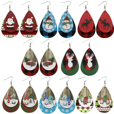 Boucles d'Oreilles Pendantes en Similicuir de Noël pour Femmes Père Noël Renne Gnome Plaid Bijoux Cadeau de Fête