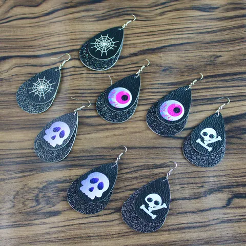 Halloween Kunstleer Traanvormige Oorbellen Dubbellaags Glitter Pompoen Geest Skelet Patroon Feestelijke Hangers Voor Dames