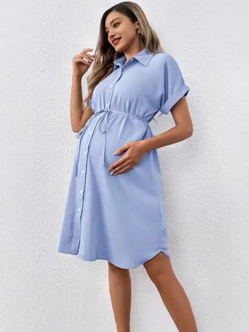 Zwangerschapsjurk Overhemdmodel Korte Mouw Knoopsluiting Voedingsjurk Zomer Casual Strikband Effen Kleur Zwangerschapskleding Dames
