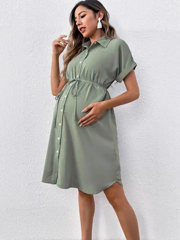 Zwangerschapsjurk Overhemdmodel Korte Mouw Knoopsluiting Voedingsjurk Zomer Casual Strikband Effen Kleur Zwangerschapskleding Dames
