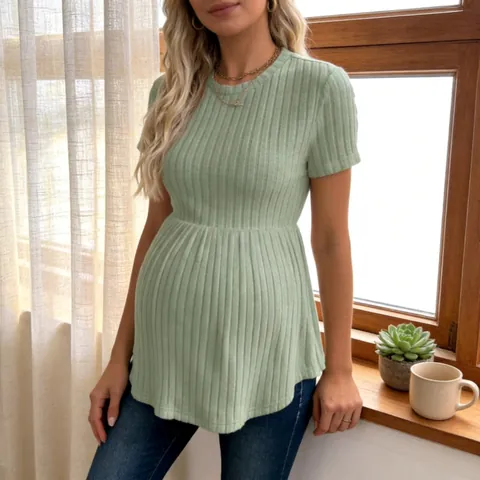 Women Maternity Short Sleeve T-Shirt Ribbed Crew Neck Peplum Top Striped Pregnancy Clothes Summer Casual Brushed Tee