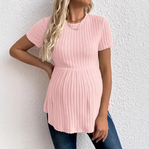 Women Maternity Short Sleeve T-Shirt Ribbed Crew Neck Peplum Top Striped Pregnancy Clothes Summer Casual Brushed Tee