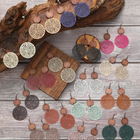 Bohemian Geometric Hollow Out Round Wood Patchwork Artificial Leather Drop Earrings Retro Ethic Style Jewelry For Women