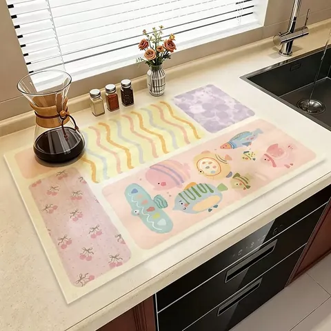 Dopamine Style Kitchen Drying Mat Absorbent Diatomaceous Earth Dish Mat Cartoon Fruit Floral Countertop Insulation Coaster Mat