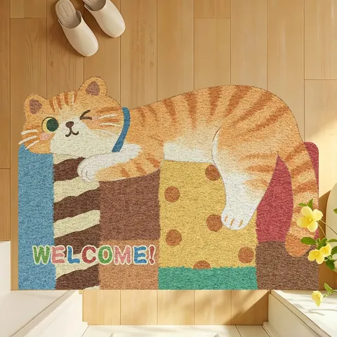 Simpatico Tappetino d'Ingresso a Forma di Gatto Cane in PVC Ricciolo di Seta Antiscivolo Raschietto Fango Welcome per Corridoio