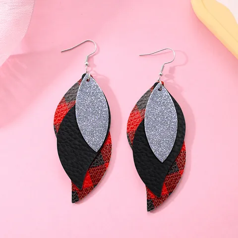 Bohemian Multi Layer PU Leather Leaf Dangle Earrings S-shaped Waterdrop Glitter Buffalo Plaid Leopard Print Earrings For Women Jewelry