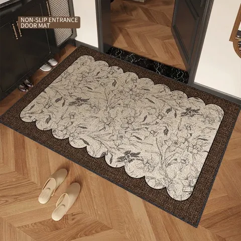Vintage Scalloped Edge Entry Door Mat Non-Slip Loop Pile Indoor Welcome Rug Retro Floral Geometric Patchwork Floor Mat Home