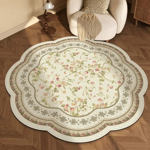 French Vintage Round Loop Pile Area Rug Floral Print Scalloped Edge Floor Mat For Living Room Bedroom Dressing Room Decor