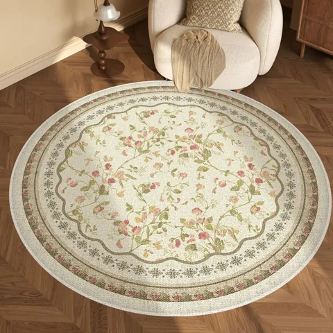 French Vintage Round Loop Pile Area Rug Floral Print Scalloped Edge Floor Mat For Living Room Bedroom Dressing Room Decor