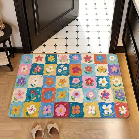 Floral Diatom Mud Bathroom Mat Non-Slip Absorbent Floor Rug Retro Oil Painting Style Checkerboard Door Mat For Home Kitchen