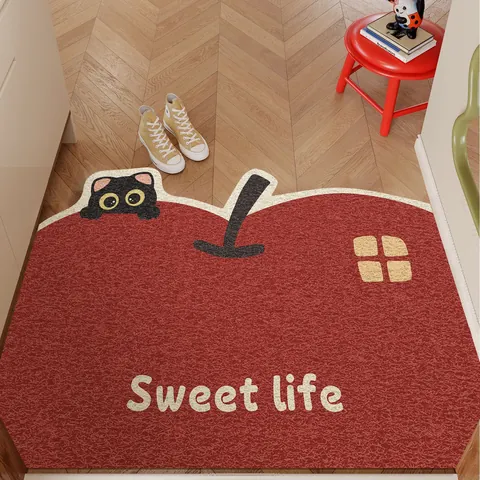 Cute Cartoon Cat Fruit PVC Entryway Door Mat Anti-Slip Wear-Resistant Coil Floor Rug For Home Entryway Kitchen Decor