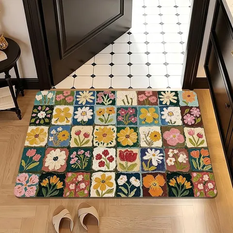 Floral Diatom Mud Bathroom Mat Non-Slip Absorbent Floor Rug Retro Oil Painting Style Checkerboard Door Mat For Home Kitchen