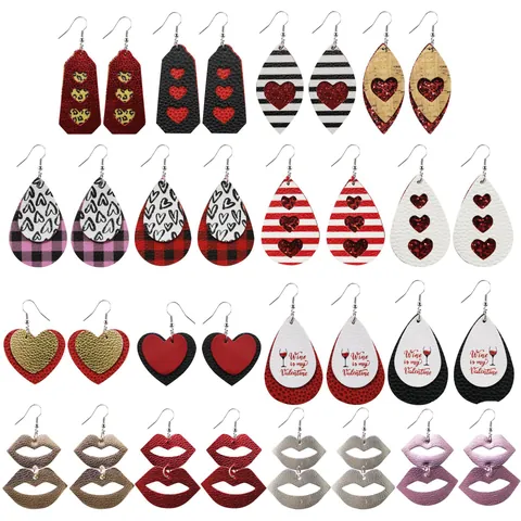 Valentine's Day Heart Lips Faux Leather Earrings Leopard Plaid Waterdrop Double Layer Fashion Jewelry For Women