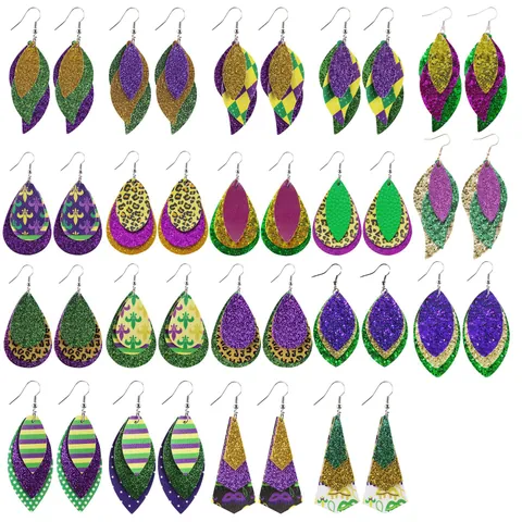 Mardi Gras Faux Leather Earrings For Women Triple Layered Glitter Teardrop Leaf Dangle Earrings Holiday Party Jewelry
