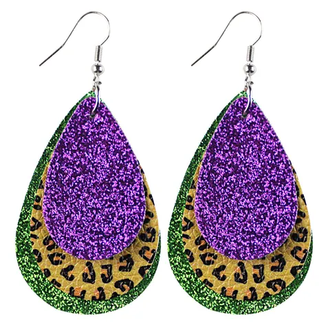 Mardi Gras Faux Leather Earrings For Women Triple Layered Glitter Teardrop Leaf Dangle Earrings Holiday Party Jewelry