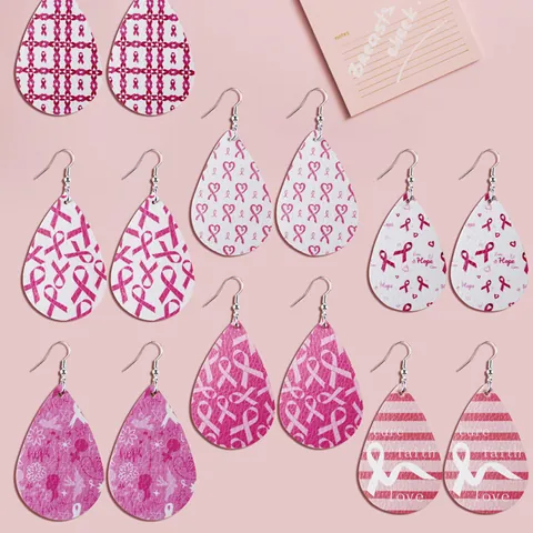 Boucles d'Oreilles Goutte en Similicuir Ruban Rose Sensibilisation Cancer du Sein Femmes Charité Espoir Bijoux