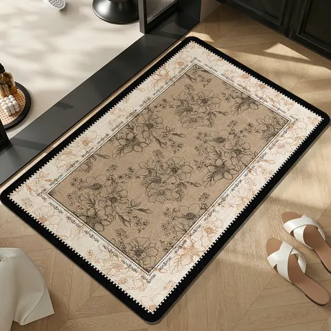 Vintage French Style Diatomaceous Earth Soft Bath Mat Absorbent Quick Dry Non-Slip Retro Floral Print Bathroom Entryway Rug