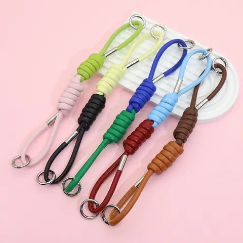 Handmade Braided PU Leather Wrist Strap Contrast Color Dopamine Phone Lanyard Creative Short Bag Charm Bottle Hanging Rope With Metal Ring