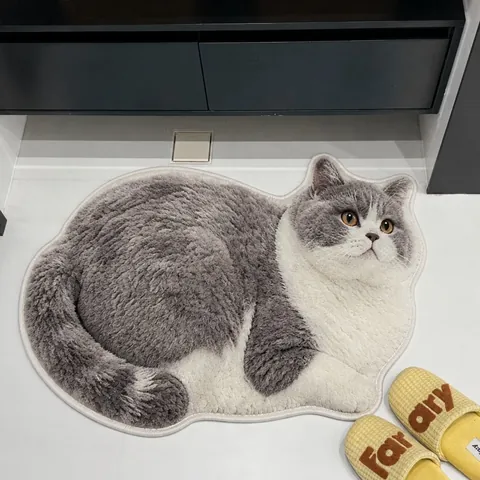 Cute Cat Shaped Bath Mat Faux Cashmere Non-Slip Water Absorbent Floor Mat Realistic Animal Decorative Rug For Bathroom Bedroom