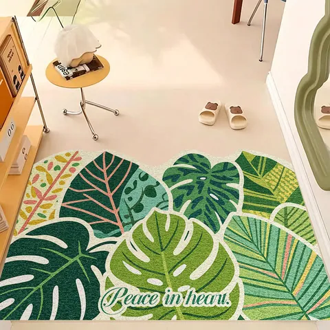 Paillasson d'Entrée Nordique en PVC Boucles de Soie Antidérapant Motif Feuilles de Monstera Tropicales Tapis de Sol Lavable DIY