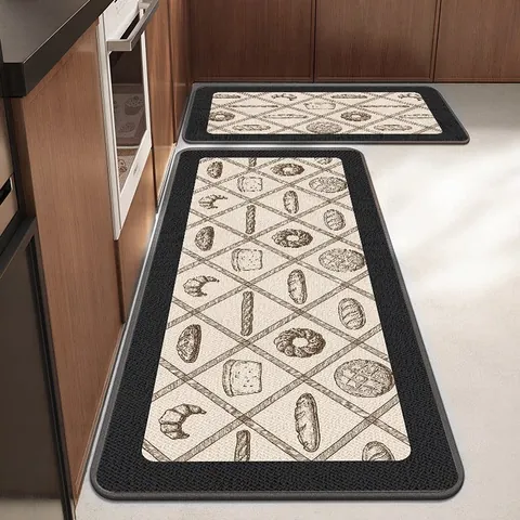 Faux Linen Woven Kitchen Mat Absorbent Oil Proof Non Slip Rug Hand Drawn Bakery Pattern Minimalist Floor Mat For Home Entryway