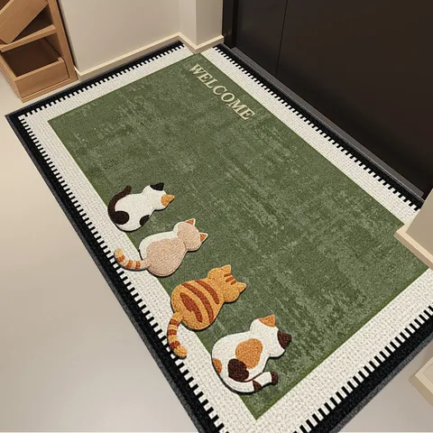 Cartoon Cat Loop Pile Entrance Door Mat Non-Slip Dust Removal Floor Mat For Home Entryway Living Room Welcome Indoor Rug