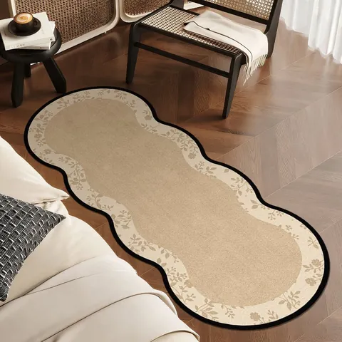 French Retro Wavy Bedside Rug Loop Pile Thickened Non-Slip Area Rug For Bedroom Living Room Irregular Floral Floor Mat