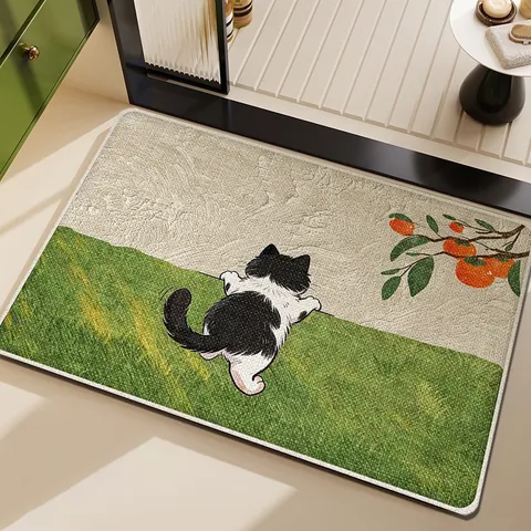 Faux Linen Bathroom Mat Absorbent Non-Slip Cute Cartoon Cat Persimmon Print Floor Rug For Bathroom Entryway Home Decor