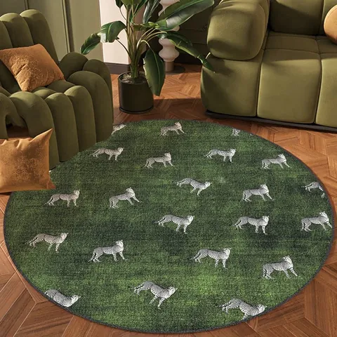 Vintage Round Carpet Green Leopard Geometric Pattern Polyester Non-Slip Area Rug For Living Room Bedroom Computer Chair Mat