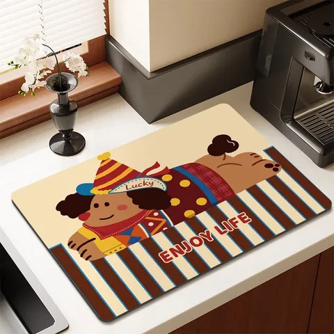 Cartoon Kitchen Draining Mat Super Absorbent Diatom Mud Coffee Machine Pad Non-Slip Drying Mat For Countertop Bar Table Decoration