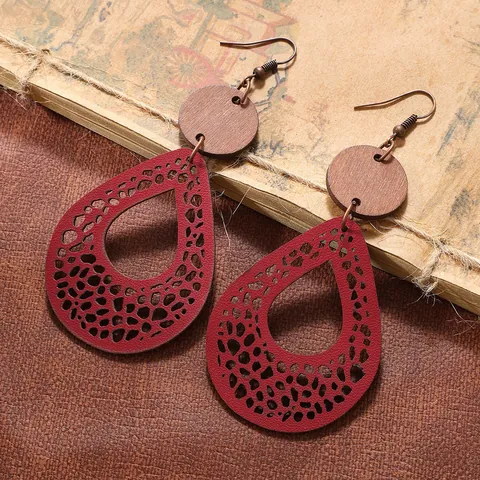 Boho Retro Hohlnetz Tropfen Ohrhänger für Damen Handgefertigte Holz Leder Patchwork Ohrringe Geometrischer Schmuck