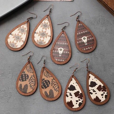 Westlicher Farmstil Tropfen Ohrringe Kunstleder Holz Kuhdruck Kaktus Stierkopf Muster Boho Retro Schmuck Für Damen