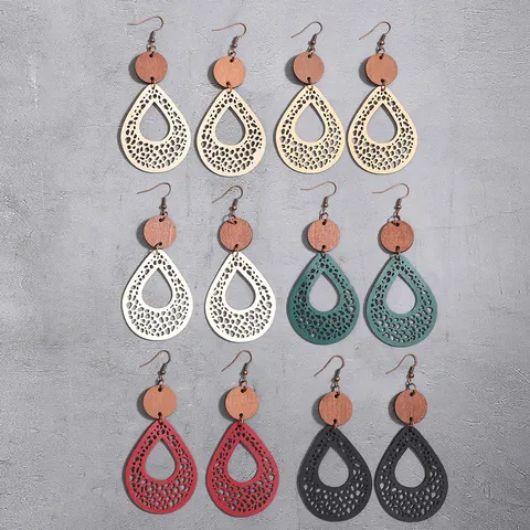 Boho Retro Hohlnetz Tropfen Ohrhänger für Damen Handgefertigte Holz Leder Patchwork Ohrringe Geometrischer Schmuck