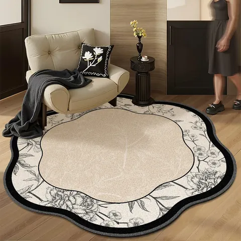 French Vintage Floral Loop Pile Round Rug Waterproof Non-Slip Petal Shaped Area Carpet For Living Room Bedroom Home Decor