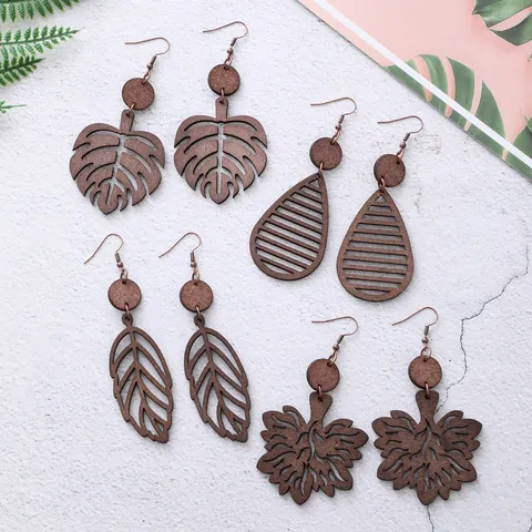 Vintage Holz Ohrhänger Für Damen Hohl Monstera Blatt Geometrisch Tränentropfen Handgefertigt Boho Schmuck Braune Holzohrringe