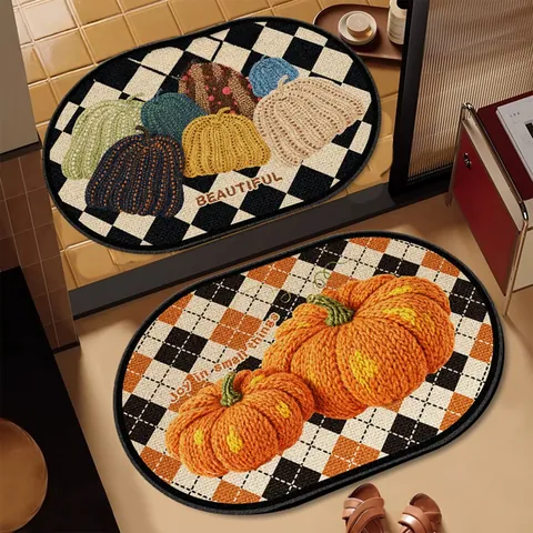 Halloween Pumpkin Bath Mat Linen Look Non-Slip Absorbent Bath Rug Fall Harvest Plaid Door Mat For Bathroom Kitchen Decor