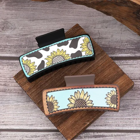 Western Cowboy Style Sunflower Cow Print Synthetic Leather Large Hair Claw Clip Shark Hair Clip For Women Hair Accessory