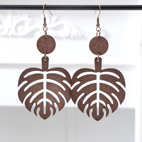 Vintage Holz Ohrhänger Für Damen Hohl Monstera Blatt Geometrisch Tränentropfen Handgefertigt Boho Schmuck Braune Holzohrringe